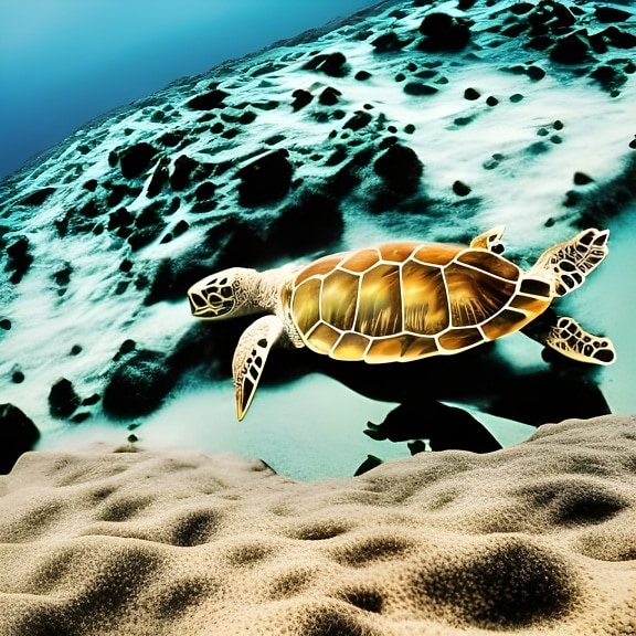 mořská želva, útes, pod vodou, moře, kresba, ilustrace, zvíře, želva