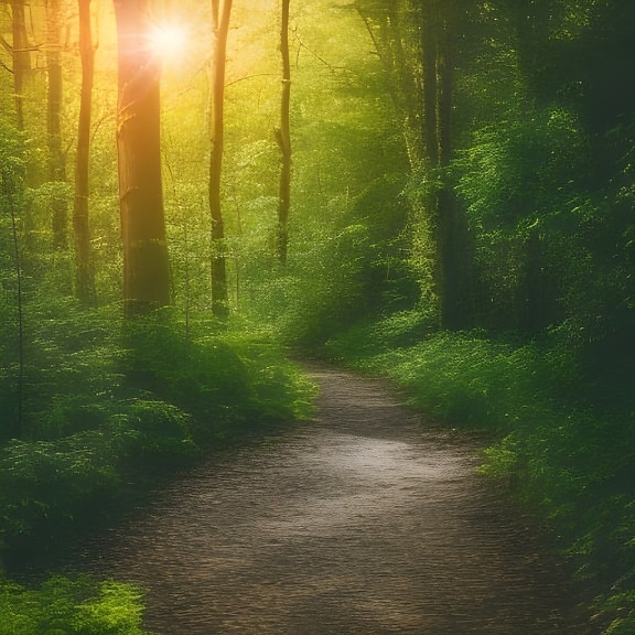 sentiero nel bosco, soleggiato, macchie solari, luce del sole, opera d'arte, foresta, albero, sole