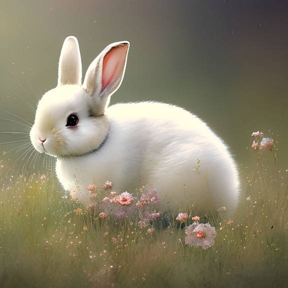 Cute white rabbit resting in a flower garden