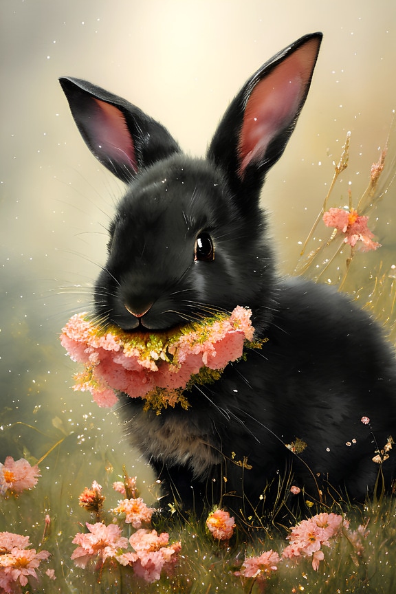 Cute black bunny rabbit eating flowers – artificial intelligence art