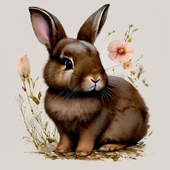 Cute brown bunny rabbit outdoors artwork illustration
