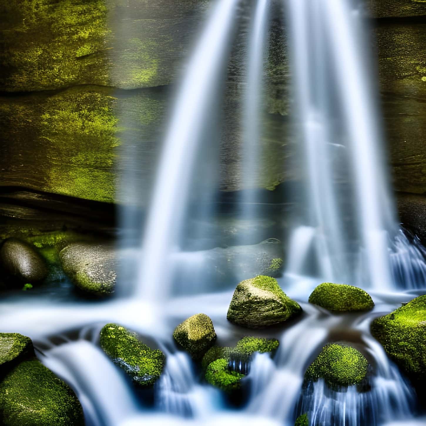 Majestic waterfall with hazy water drops on mossy stones – AI Art