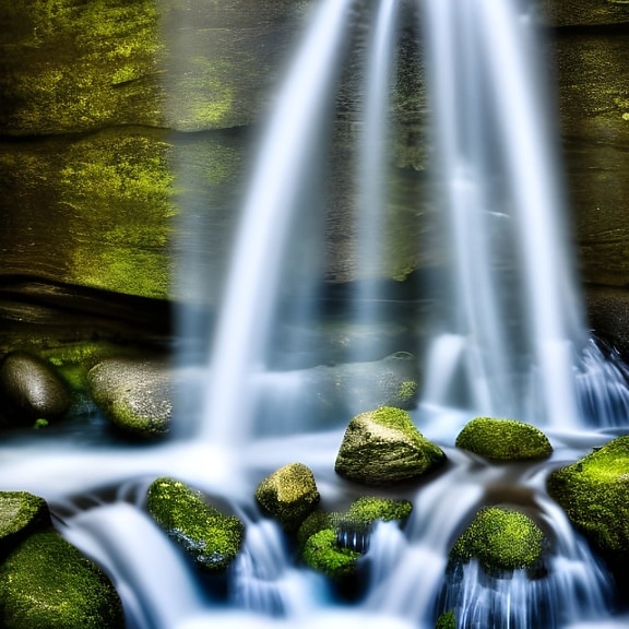 cascada, Lisa, grandes rocas, cubiertas de musgo, rocas, agua, corriente, río