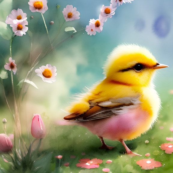 malo, ptica, žućkasto, krila, vizualan dojam, ilustracija, umjetničko djelo, proljeće