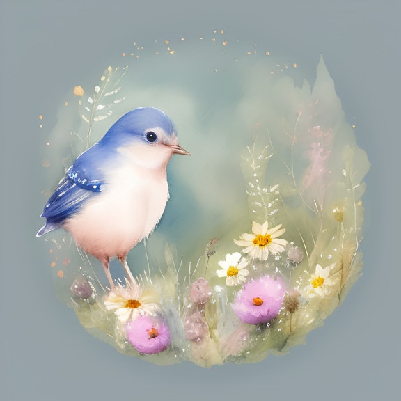 Blåmeis, blå, fuglen, plakat, illustrasjon, kunstverk, dekorative, kreativitet