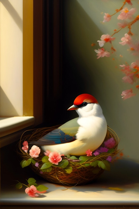 Colorful bird nesting by the window – computer artwork