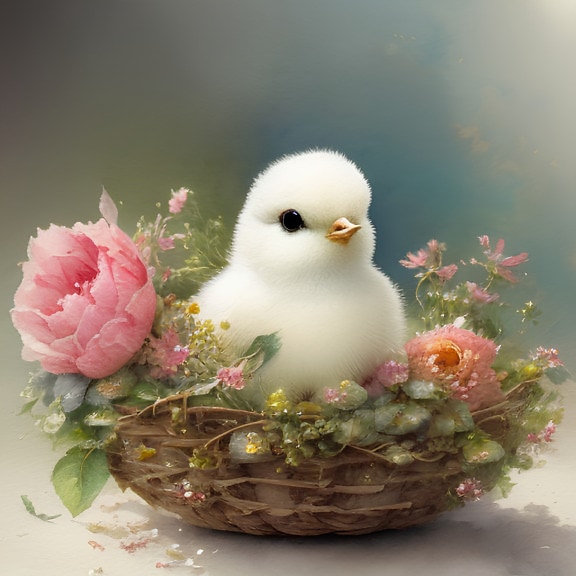 귀여운 흰색 부활절 병아리 아기 새가 분홍색 꽃의 둥지에 앉아 있습니다.