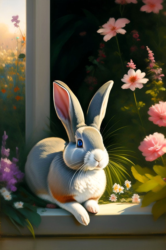 Portrait of a grey Easter bunny among pinkish flowers
