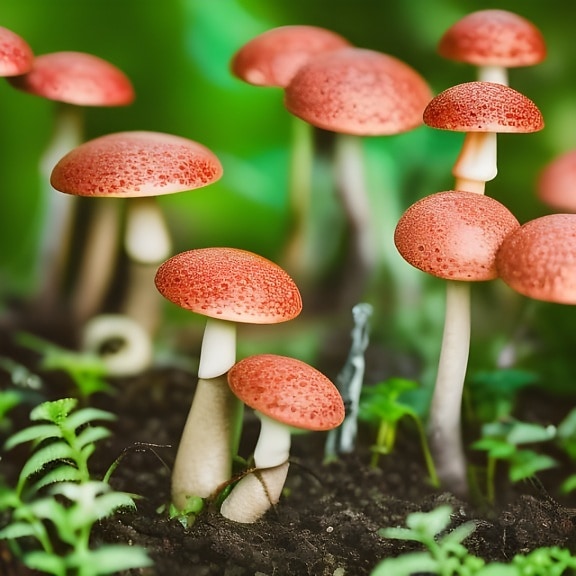 Red toadstools in the garden – AI artwork
