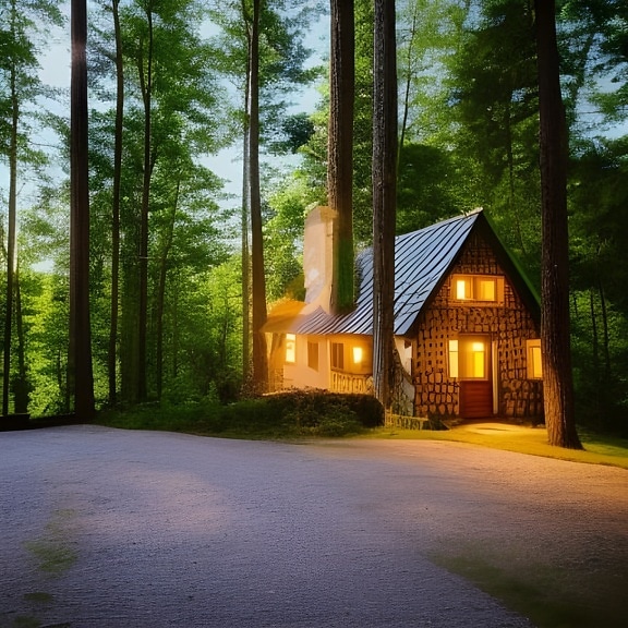 Cottage, foresta, sera, opera d'arte, illustrazione, albero, alberi, orizzontale