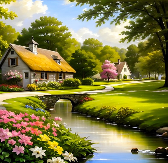 Phong cảnh màu nước ven sông của ngôi nhà nhỏ