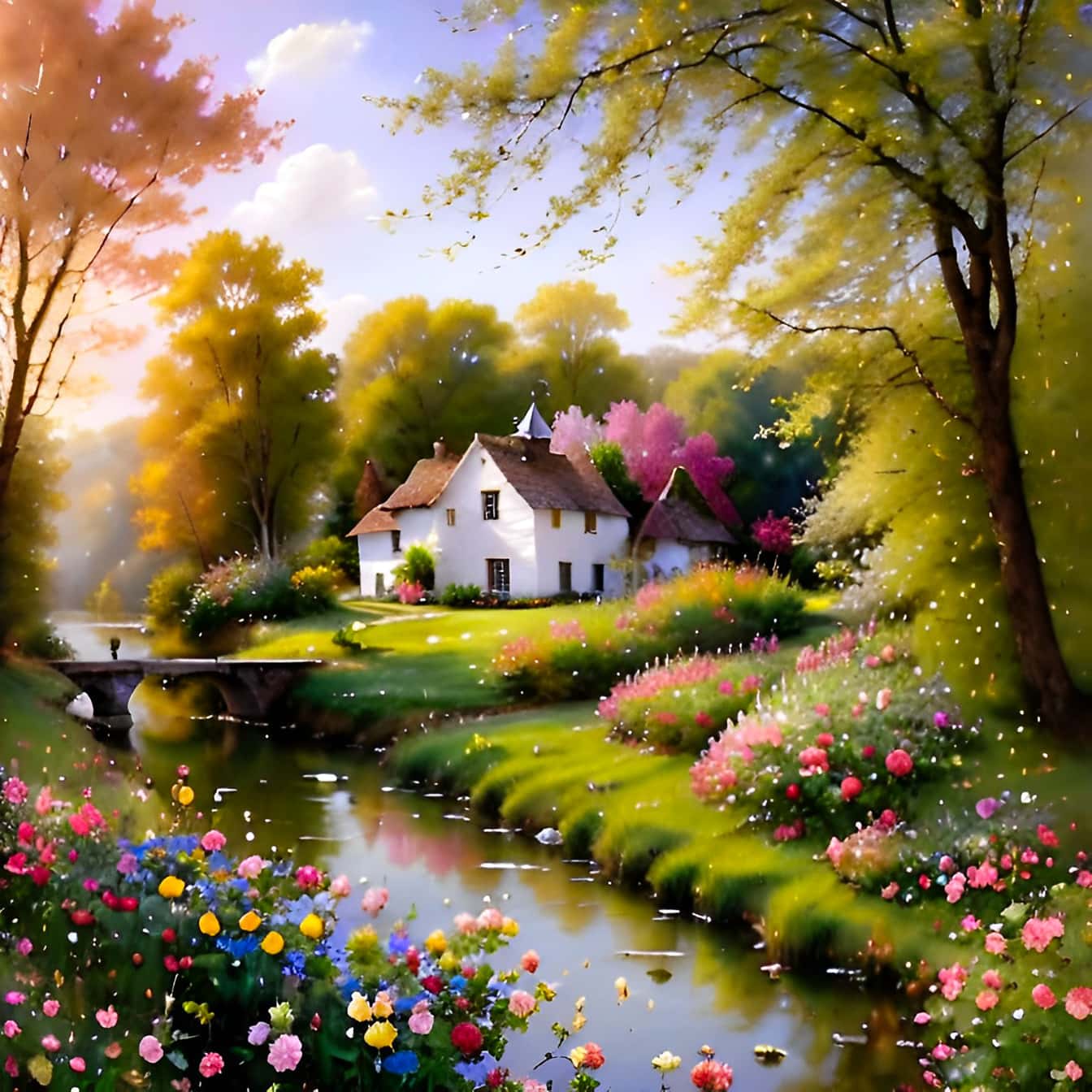 Riverside watercolor landscape of little cottage