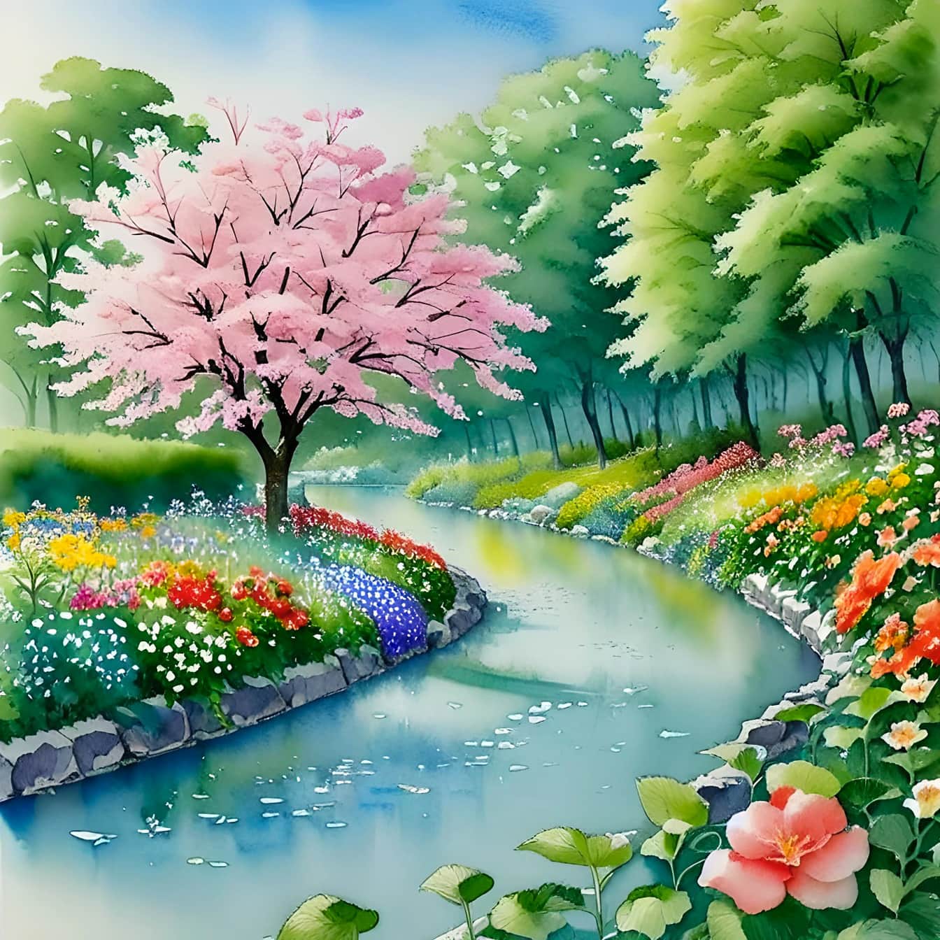 Colorful watercolor landscape of springtime flowers – first day of spring
