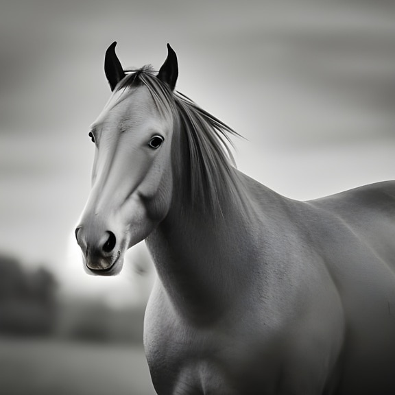 Foto in scala di grigi della testa di cavallo – arte dell’intelligenza artificiale