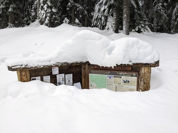 Snowy covered wooden signs showing mountain trails
