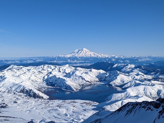 Panorama of frozen mountain peaks in New Zealand national park