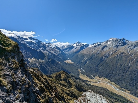 Panorama valley with mountain peaks in New Zealand national park