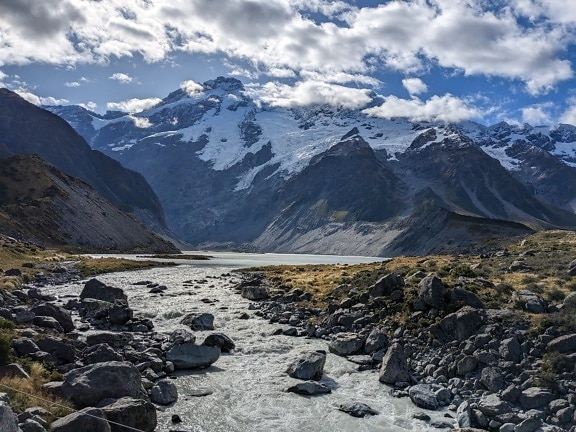 Panorama of  rocky river with Aoraki mountain Cook in background