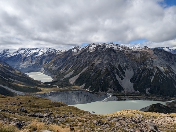 Panorama of lakes on mountain Cook in national park on New Zealand