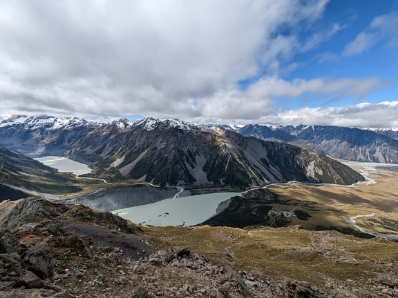 Majestic panorama of lakes in valley in New Zealand national park