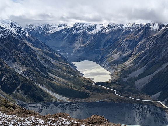 Panorama of Muller hut glacier with lakes in national park