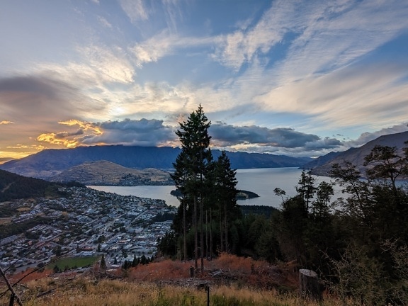 Panorama of Queenstown cityscape skyline with majestic twilight