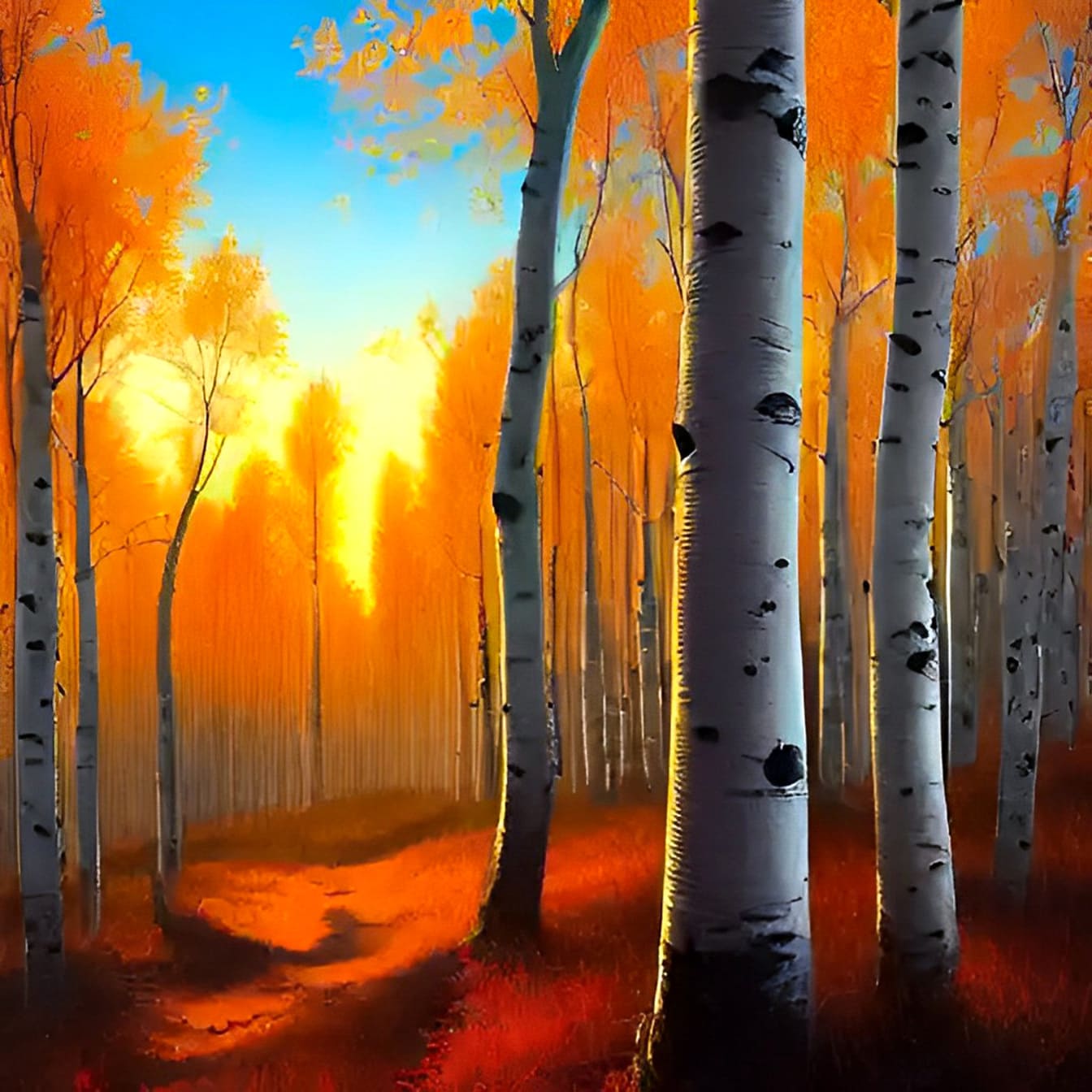Illustration of birch trees in a forest at sunset