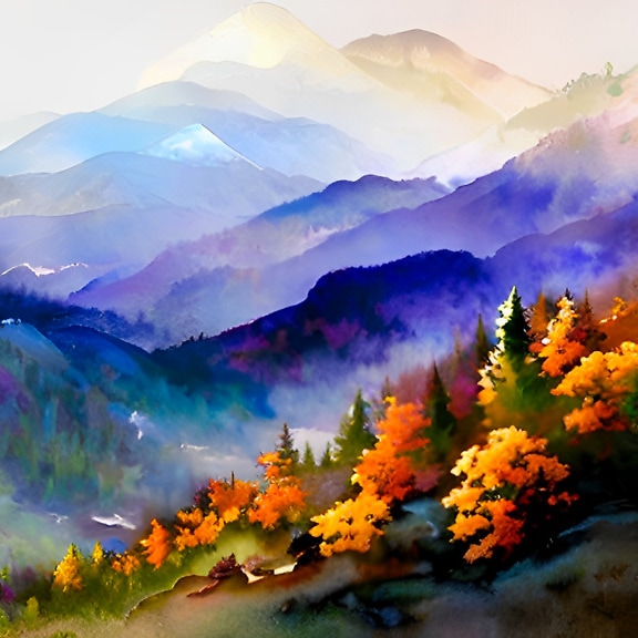 Farbenfrohe Aquarellmalerei mit Blick auf die Berge