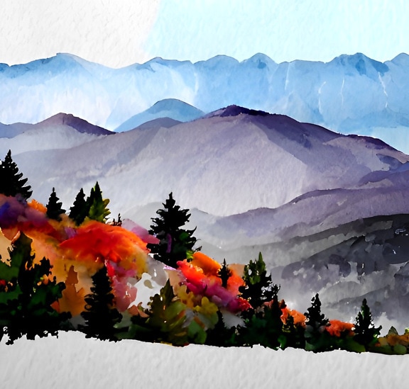 maisema, Akvarelli, taidetta, vuori, kuva, vuoret, värikäs, puut
