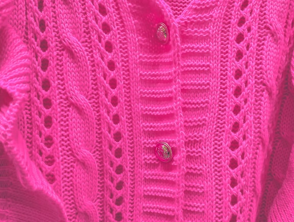 casaco de lã, lã, rosa, botões, brilho dourado, malhas, projeto, vestuário
