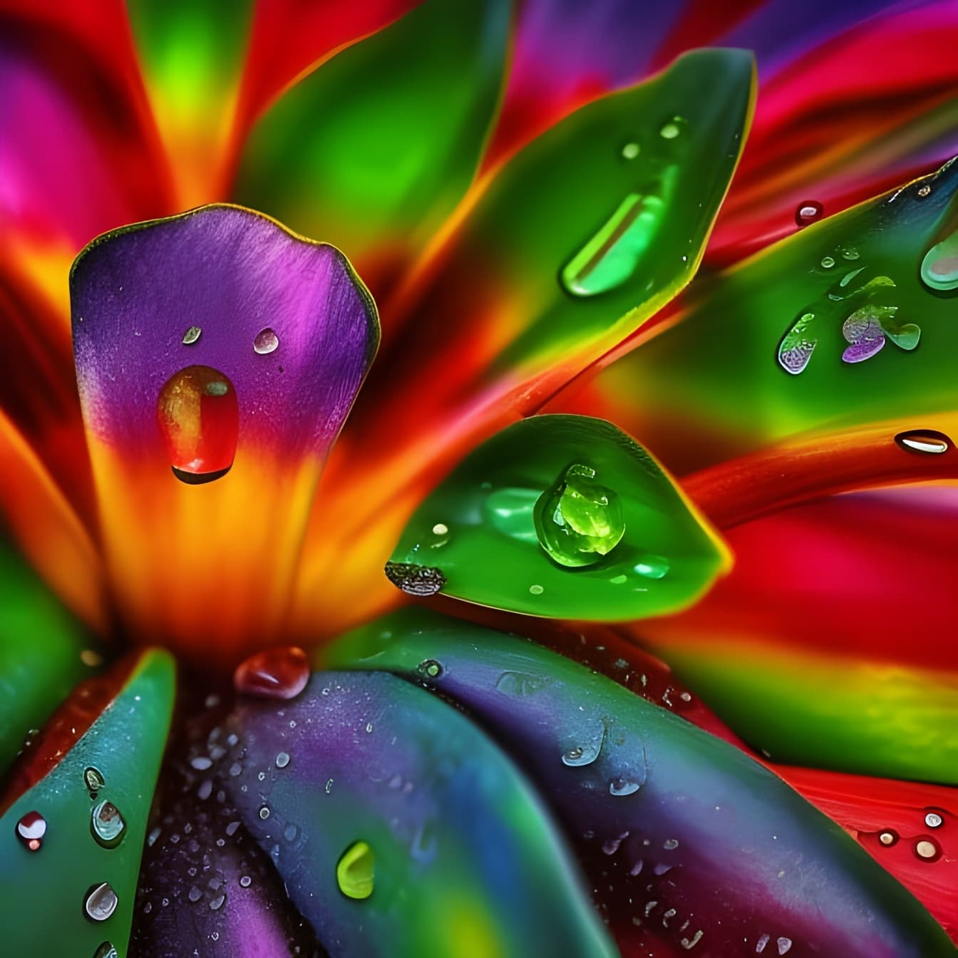 Kelopak bunga pelangi cerah dengan tetesan air – seni kecerdasan buatan