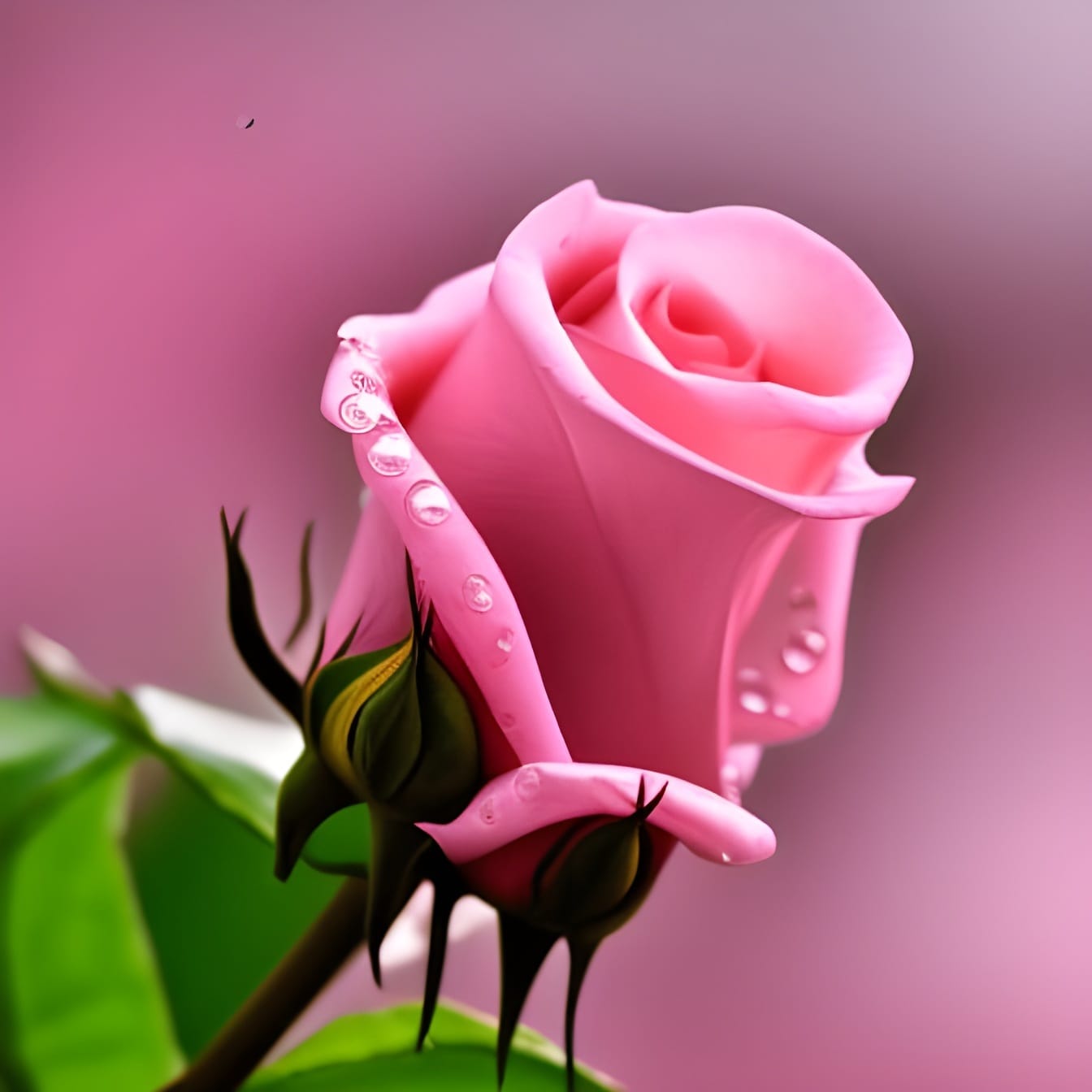 Розова розова пъпка с водни капки върху венчелистчета отблизо – изкуствен интелект изкуство