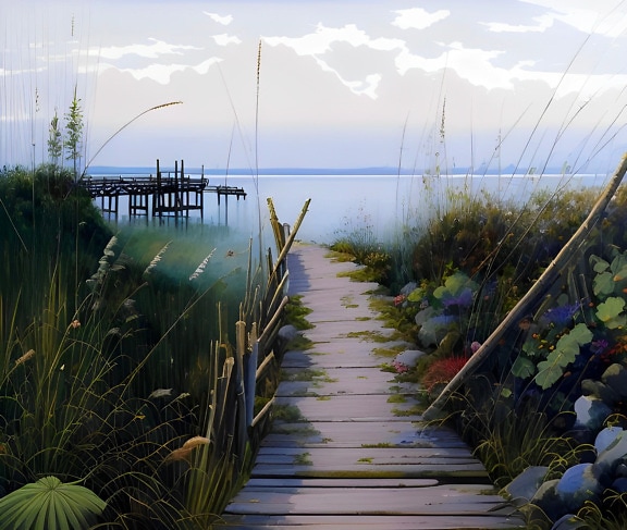 lukisan cat minyak, ilustrasi, Pantai, Boardwalk, Dermaga, Pantai, Pantai, Pelabuhan