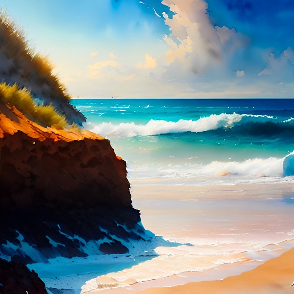 ilustración, Acuarela, obra de arte, orilla del mar, junto al mar, Océano, agua, paisaje