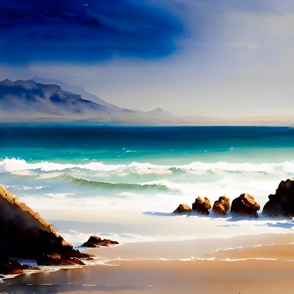 à beira-mar, ensolarado, ilustração, aquarela, obra de arte, Ilha, praia, Costa