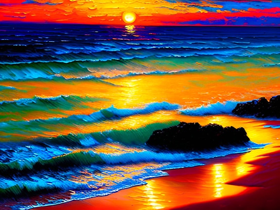 zalazak sunca, umjetnički, umjetničko djelo, šareno, ulje na platnu, plaža, izlazak sunca, oblaci