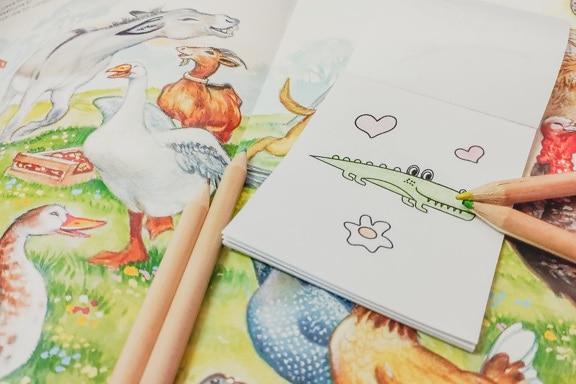 crtanje, papir, bilježnica, malo, olovka, drveno, šareno, boje