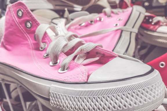 rózsaszínes, cipők, szüret, régi vágású, lábbeli, divat, pár, gumi