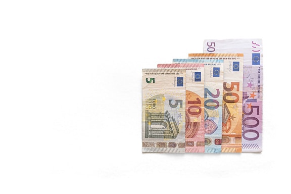 μετρητά, ευρώ, χαρτονόμισμα, φόντο, λευκό, πληθωρισμός, τραπεζογραμμάτιο, χρήματα