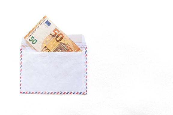 euro, banknot, biały, koperta, prezent, środków pieniężnych, pożyczki, papieru