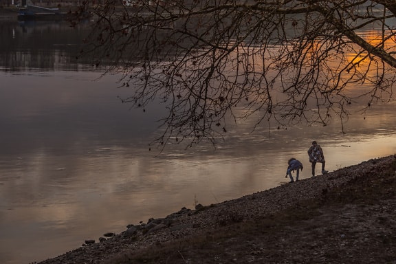 Silhouette of persons at riverbank in sunset