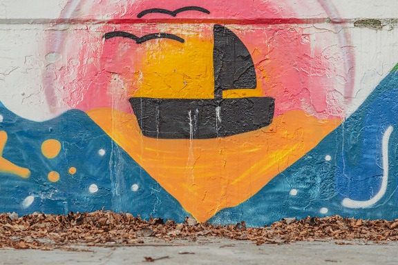 лодка, силуэт, граффити, старый, стена, распад, текстура, гранж