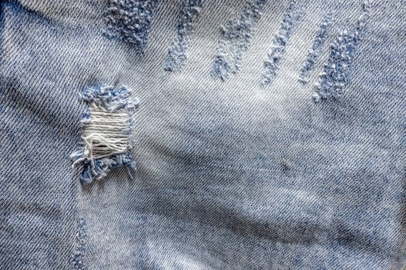 blu, vecchio, Jeans, trama, cotone, da vicino, foro, materiale
