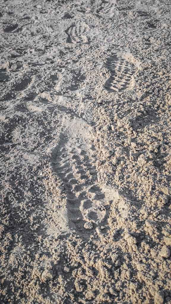 pegadas, perto, areia, seca, textura, áspero, superfície, padrão