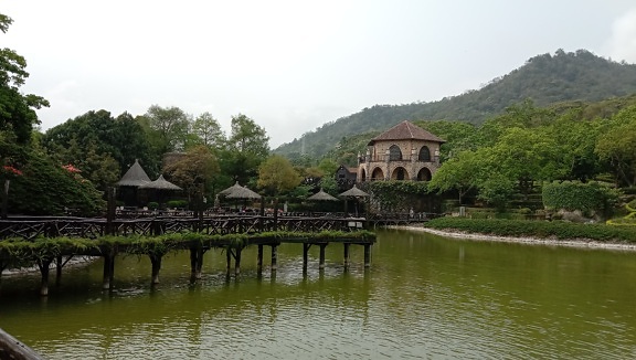 Brücke, aus Holz, Schloss, Erholungsgebiet, Taiwan, See, Wasser, Gebäude
