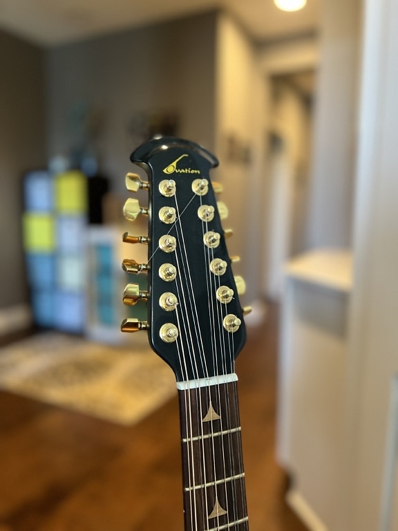 Close-up guitare acoustique électrique Ovation Elite 1758 à 12 cordes