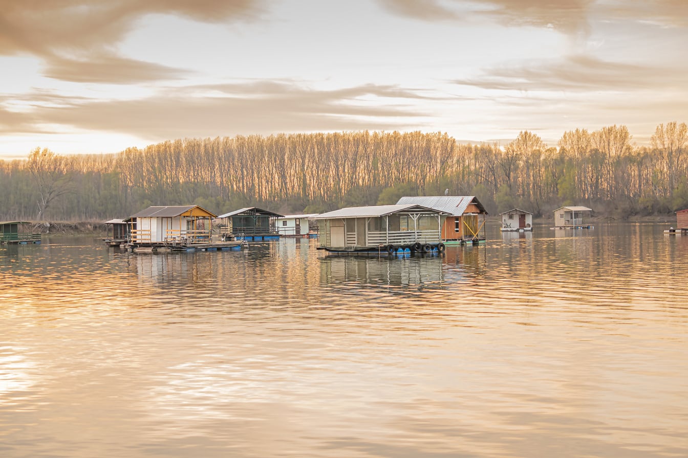 Backa Palanka 도시 일출 풍경의 Tikvara 호수에있는 보트 하우스