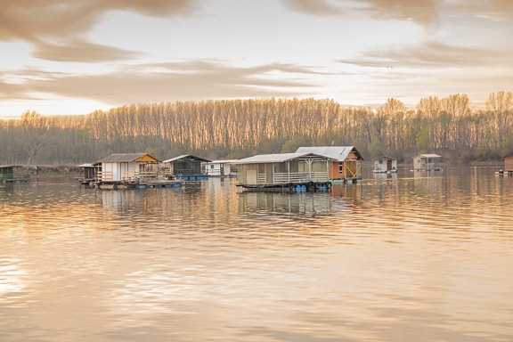 Boathouses on Tikvara lake in Backa Palanka city sunrise landscape