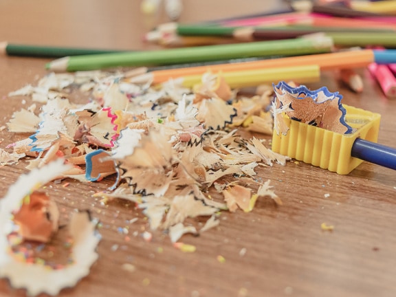 Pencil sharpener with shavings close-up