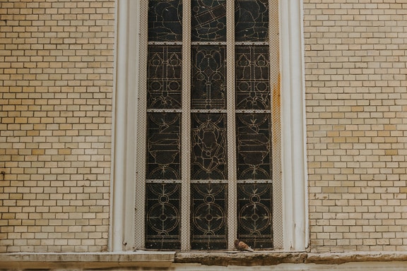 Antigua ventana en la catedral con red de protección